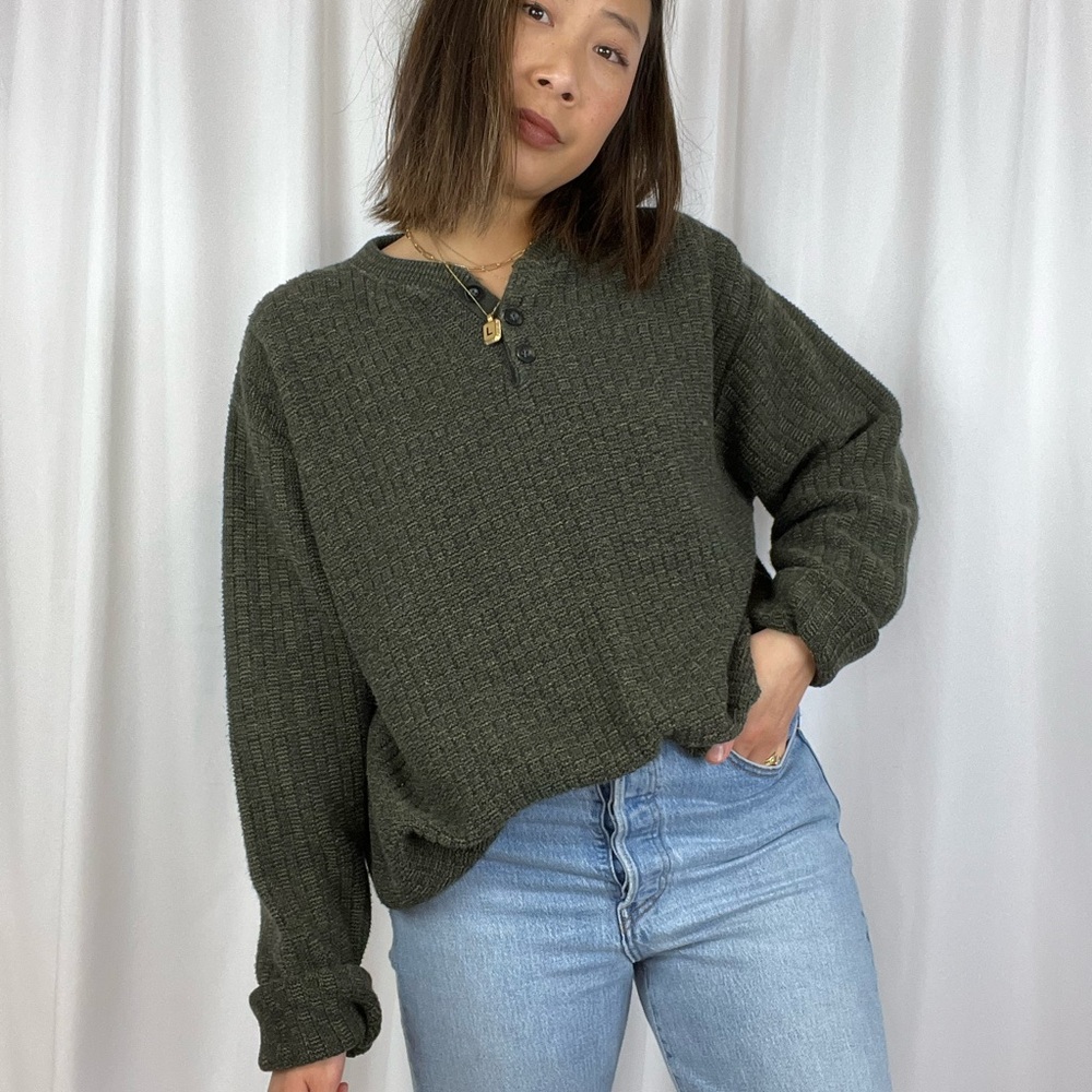 Cotton Waffle Knit Henley Sweater
